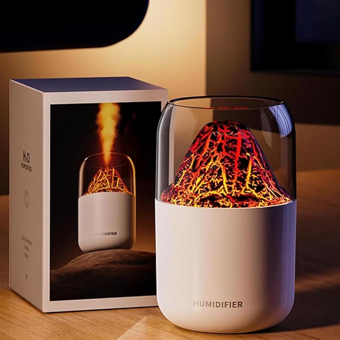 volcano Flame Aroma Humidifier with LED Night Light, Cool Mist Diffuser, USB Powered, Portable Air Purifier for Home, Office & Bedroom (Lava-White)