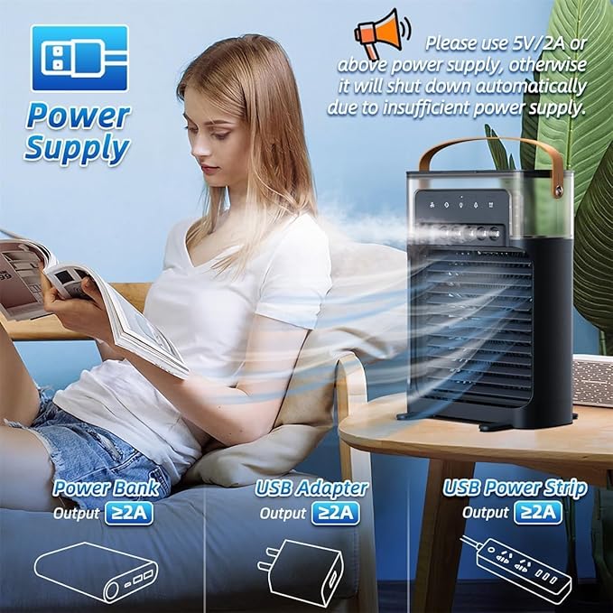 Portable Personal Air Cooler, USB Powered Mini Desktop Cooling Fan,1 | 2 | 3 Timer 3 Speeds, 360°Adjustment for Office, Home, Room, Desk Tank Less Home-Kitchen Water