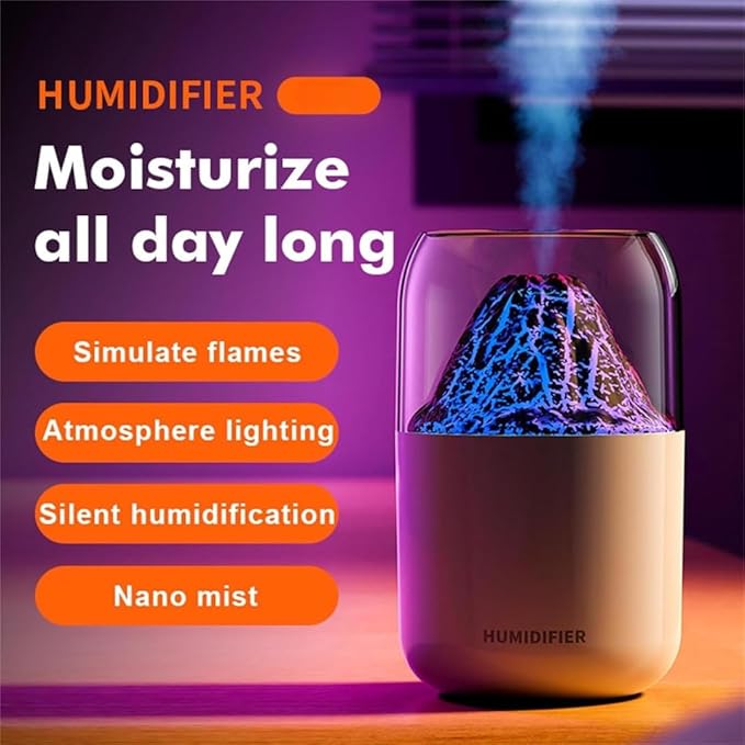 volcano Flame Aroma Humidifier with LED Night Light, Cool Mist Diffuser, USB Powered, Portable Air Purifier for Home, Office & Bedroom (Lava-White)