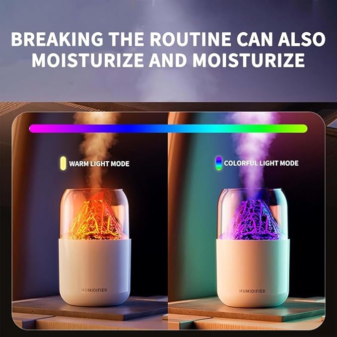 volcano Flame Aroma Humidifier with LED Night Light, Cool Mist Diffuser, USB Powered, Portable Air Purifier for Home, Office & Bedroom (Lava-White)