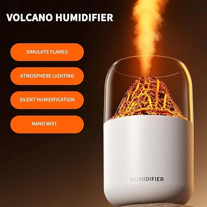 volcano Flame Aroma Humidifier with LED Night Light, Cool Mist Diffuser, USB Powered, Portable Air Purifier for Home, Office & Bedroom (Lava-White)