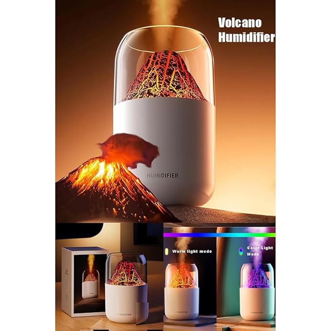 volcano Flame Aroma Humidifier with LED Night Light, Cool Mist Diffuser, USB Powered, Portable Air Purifier for Home, Office & Bedroom (Lava-White)